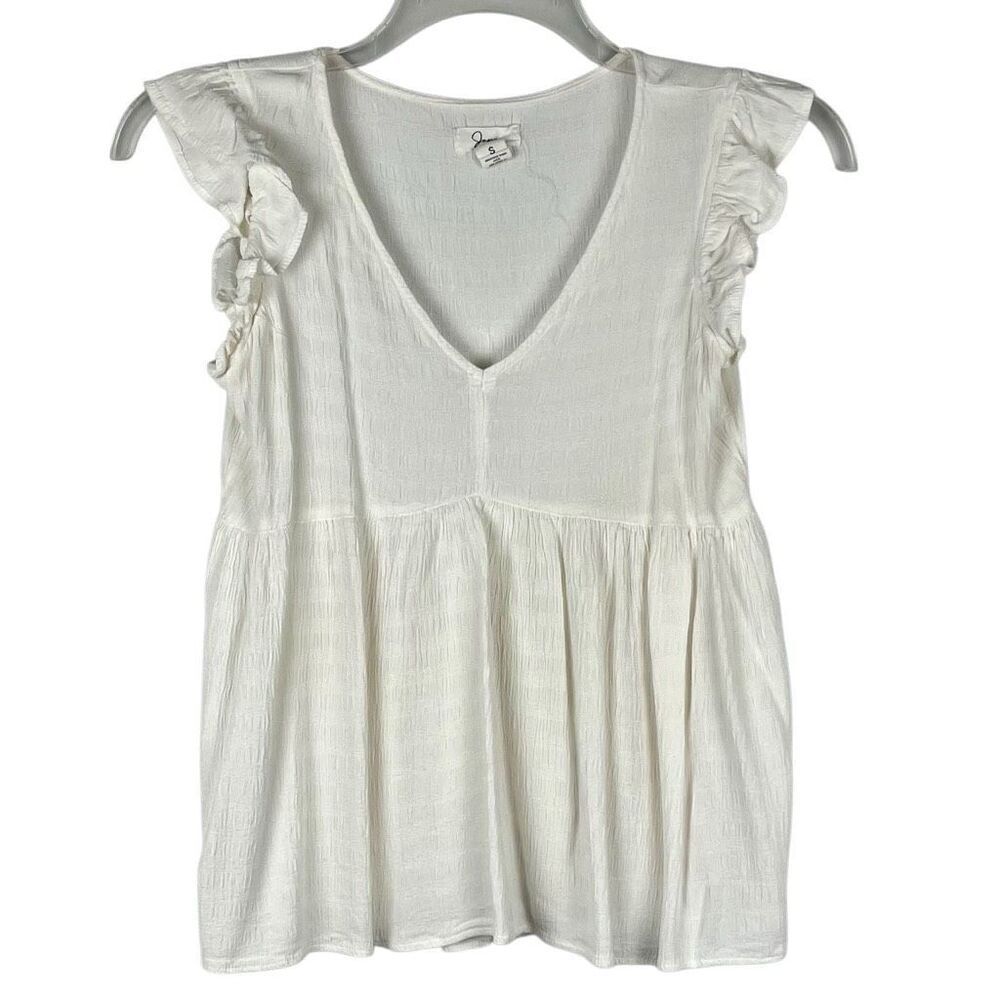 Japna 100% Viscose White Boho Cap Sleeve V-neck Peasant Top Babydoll Small